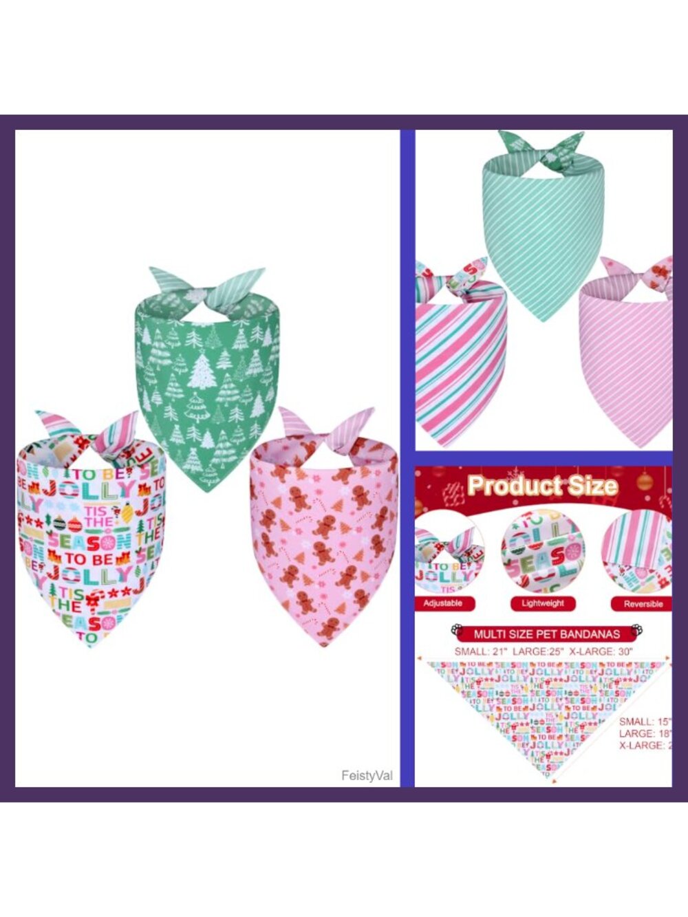 Christmas Dog Bandanas 3PCS Double Sided Polyester Holiday Stripe Scarf